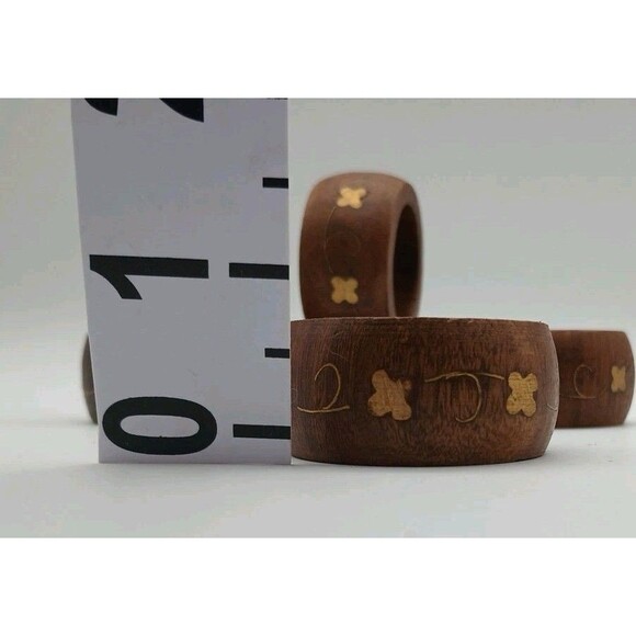 Wooden Napkin Rings Goldtone Inlay Napkin Holder SET OF 6 Handcrafted India - Picture 4 of 5